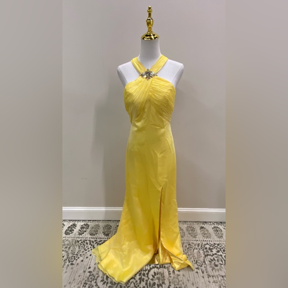 Yellow Halter Slit Prom Gown